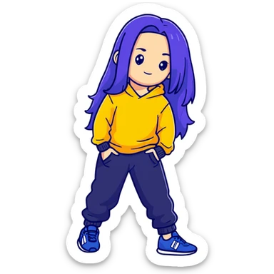 female with slim hourglass shaped body, purple long hair, wearing a blue sweater, dark blue sweatpants, and black sneakers, full body view sticker
