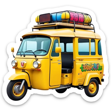 Cinematic Realistic Tuk Tuk Pop Culture Emoji, featuring a vibrant portrayal of the iconic Thai tuk tuk rendered with dynamic textures and lively, urban lighting. sticker