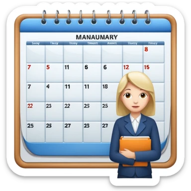  A person standing behind a large calendar or planner, representing scheduling or appointment management. sticker