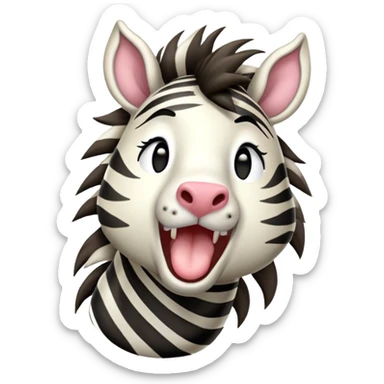 Cinematic Cute Yawning Zebra Portrait Emoji, Head tilted slightly with a dramatic, wide-open yawn, showcasing a soft, downy striped fur with gently drooping ears, a long, elegant equine snout, and round eyes barely open in drowsy contentment, Simplified yet irresistibly adorable features, highly detailed, glowing with a soft, cozy glow, high shine, relaxed yet expressive, stylized with a touch of savannah charm, bright and endearing, soft glowing outline, capturing the essence of a sleepy yet affectionate zebra that feels like it could stretch out of the screen and curl up for a nap! sticker