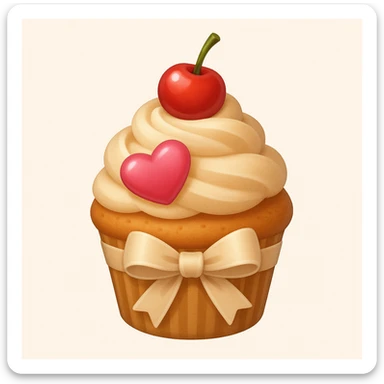 Add a beige ribbon and a heart-shaped candy to the cupcake with beige frosting and a cherry on top in emoji style. sticker