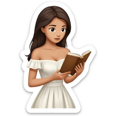 Beautiful woman in 1950’s woman fashion look, off-shoulder white dress, long dark brown hair, reading  sticker