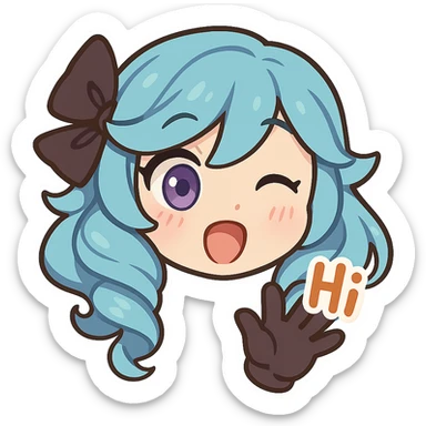 Gwen from League of Legends, chibi style, only head, right eye purple, one hand waving with glove, hi emote, surprised and happy, no text sticker