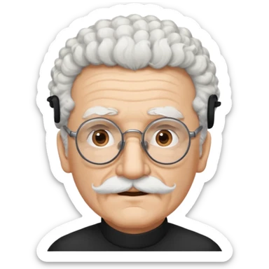 An elderly man emoji fluffy curly white hair, brown eyes behind black-framed glasses, a narrow pointed face, and a thin straight white mustache above his mouth. sticker