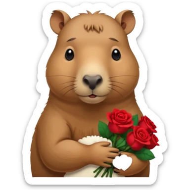 Cute capypara with sad puppy dog eyes holding roses  sticker