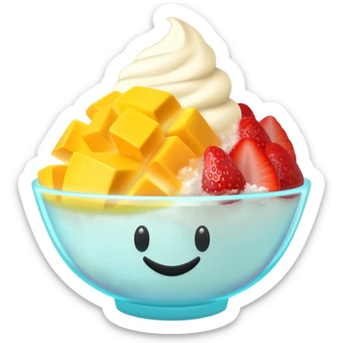 a cartoon bingsu with mango cubes and sliced strawberries and ice cream on top add a smiling emoji face to it sticker