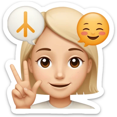 a face with a soft, reassuring smile and a speech bubble with a peace sign, conveying calming words sticker