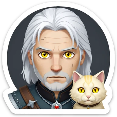 Geralt of Rivia with white hair, yellow cat eyes, and witcher medallion sticker