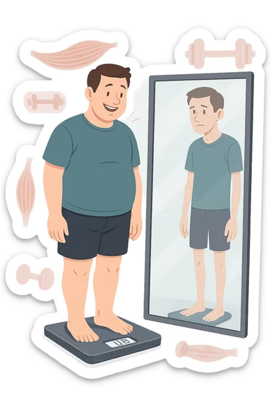 a man stands on a scale, smiling at the lower number, but his reflection in a nearby mirror shows a thinner, but also visibly weaker and less muscular body. Around him, floating icons or faded images of muscle fibers and dumbbells highlight the overlooked loss of muscle mass. The mood is cautionary and educational. in italiano sticker