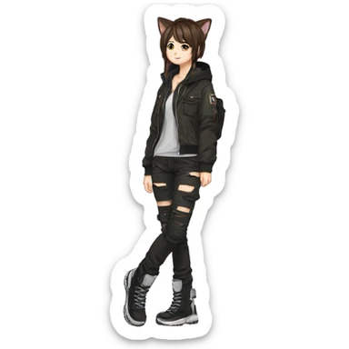 Edgy cool shy beautiful pretty anime punk tomboy with cat ears techwear cargo pants hoodie brown hair collar  sticker