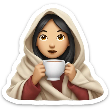 asian girl inside a blanket sipping tea sticker