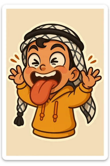 Make Ara's crazy face with tongue out sticker even more exaggerated with tongue sticking out farther, eyes crossed, cheeks puffed, hands waving wildly, cartoonish, vibrant, bold, extremely expressive style. sticker