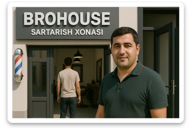 eni shu rasimga manashu odamga uxhshasin sartaosh eshik oldida tursin va tashqarida esa mijoz rasm esa 16 ga 9 bulsin 1920x1080 sticker