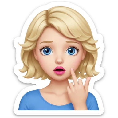 Girl Blonde short wavy hair,  blue eyes, cute blue top, long lashes, pink lips, shocked, hand over the mouth sticker