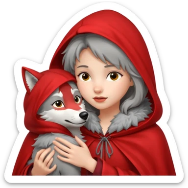 Niña del cuento de caperucita roja acariciando la cabeza de un lobo macho sticker
