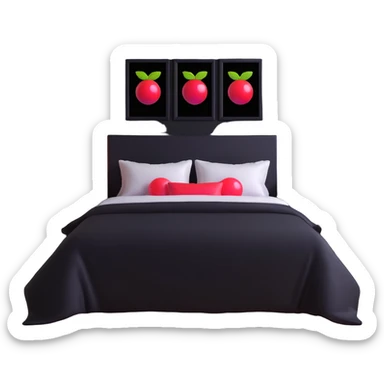 dark bedroom with black walls, black bed frame with black sheets, framed paintings of magic 8 balls and cherries, black nightstand with red LED lights sticker