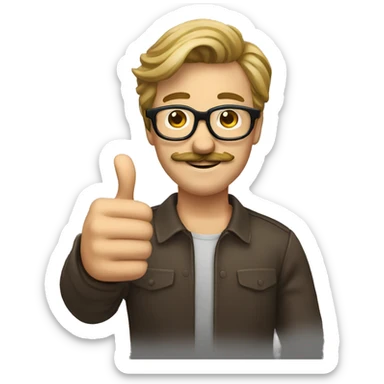 a guy with a big brown mustache, glasses, dark blonde hair, thumbs up sticker