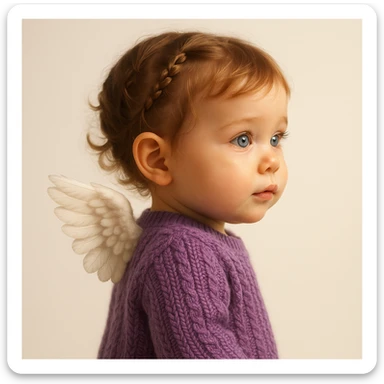 3D realistic game concept art of a cute baby girl, golden brown hair in little braids, charming blue eyes, wearing a cute purple knit sweater, with angel wings on her back, side view, clean background, high-end, creative, minimalist sticker