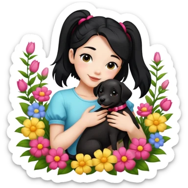 A beautiful girl with black ponytail and wearing short sleeves happily hugs a dog in the flowers sticker
