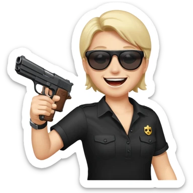 Quiero un emoji con lentes negros con una pistola automática en la mano riéndose y pasandose la pistola por la cara sticker