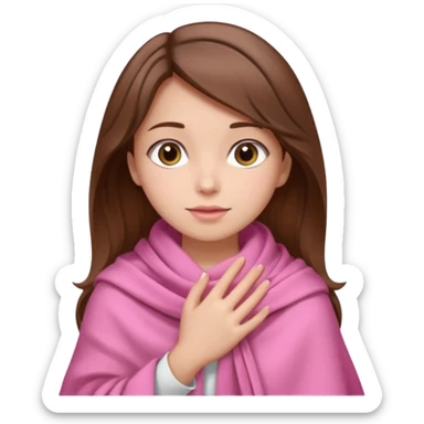 A girl with brown hair, wearing a pink shawl, has beautiful features and her hand rests on the shawl. sticker