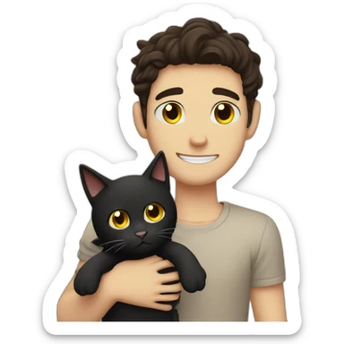 Guy with dark brown hair curtains  hairstyle and brown eyes hugs a black cat with yellow eyes sticker