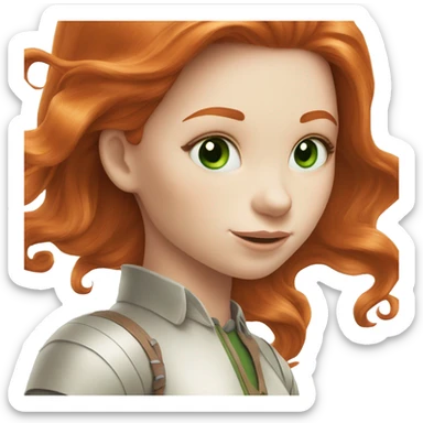 Redhead (ginger) girl, long blowout hair, green eyes and pale skin riding a white horse sticker