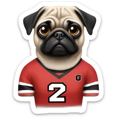 Pug wearing a university of Georgia jersey sticker