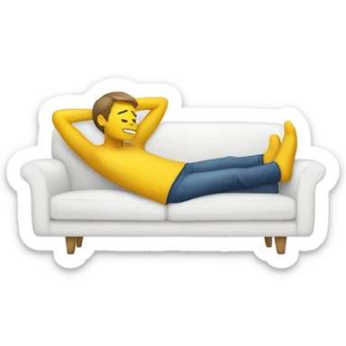 A person lying on a sofa, one leg crossed over the other, with hands behind the head, relaxing in a cozy setting, yellow emoji color skin sticker