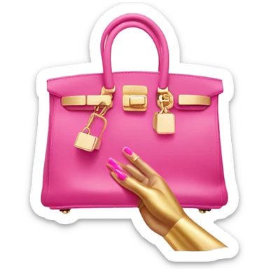 hand with gold nails holding pink birkin bag sticker