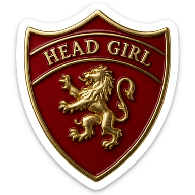 real Gryffindor head girl badge, no people, raised lion emblem, 'Head Girl' text, shiny red and gold finish, official Hogwarts award style sticker
