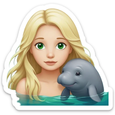 Long hair blonde girl with green eyes in the ocean with manatee sticker