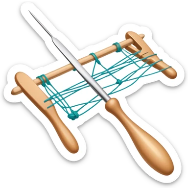 Weaving icon, various types of weaving such as basket weaving, macramé, and loom weaving, showing intertwined threads or ropes, weaving tools like shuttle, crochet hook, and loom, minimalistic style, clean lines, transparent background. sticker