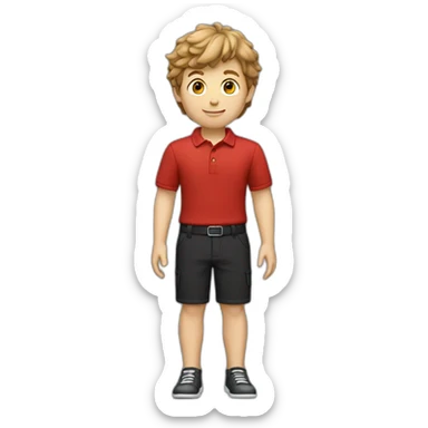 Caucasian-boy-child-shaggy-light-brown-hair-red-polo-shirt-black-trousers sticker