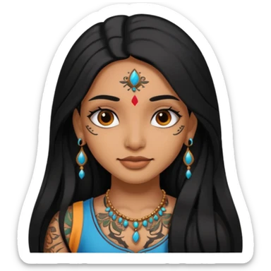 an ios genmoji for a pretty  indian girl with black long hair  tattooed, beautiful girl sticker