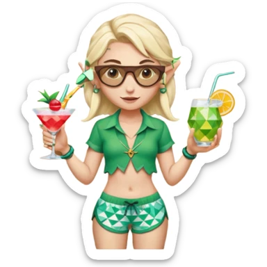 elf female legolas portrait, patterned board shorts (geometric/abstract), unique wooden-framed sunglasses, undercut hairstyle, slight smirk, visible pointy ears, no background, centered emoji, hipster summer vibe coctails sticker