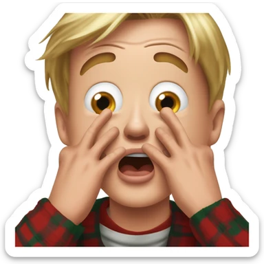 kevin McCallister from Home Alone, putting both hands on his face and screaming of fear. bring the hands down lik he is putting on his cheeks. sticker