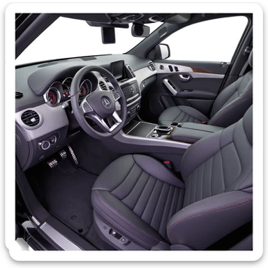 3D style image of the interior of a 2015 Mercedes Benz ML350, black leather seats, dashboard and steering wheel, luxury SUV details, panoramic sunroof view sticker