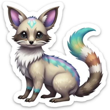 Rare iridescent white exotic epic aesthetic colorful Trico-Eevee-Civet-species-Fakemon-hybrid-creature, with intricate tattoo markings, full body sticker