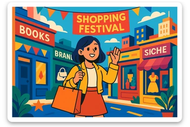 A young woman with a shopping bag, in a city street, vibrant colors, detailed background, shopping festival, niche brands, aesthetic lifestyle sticker