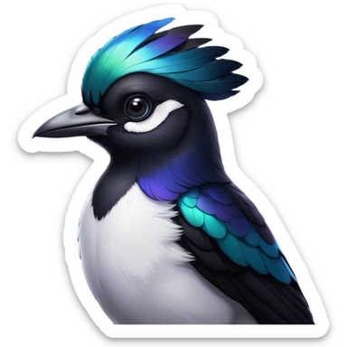 Cinematic Noble Magpie Portrait Emoji, Poised and sleek, with striking, iridescent black and white plumage, a sharp, inquisitive beak, and intense, observant eyes, Simplified yet sharp and sophisticated features, highly detailed, glowing with a soft, urban gleam, high shine, intelligent and graceful, stylized with an air of mischievous charm, focused and alert, soft glowing outline, capturing the essence of a watchful and confident magpie that appears ready to dart out of the screen with effortless authority! sticker