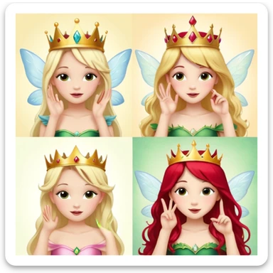 crea quattro fatine, una bionda con la corona, una castana, una mora e una rossa sempre con la corona mentre mandano l’occhiolino e un bacetto sticker