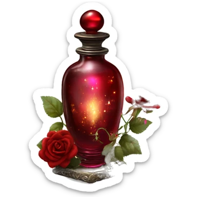 Dark red magic fairy sparkling old Antique oil perfume bottle with herbal and rose flowers sticker