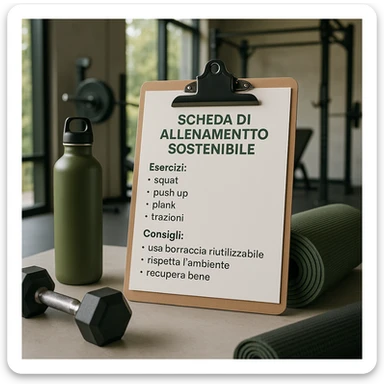 Add Italian text on the sheet with the following content: 'Scheda di allenamento sostenibile', 'Esercizi: squat, push up, plank, trazioni, affondi', 'Consigli: usa borraccia riutilizzabile, rispetta l’ambiente, recupera bene'. Style should be hyperrealistic, 4K, modern and sustainable gym. sticker