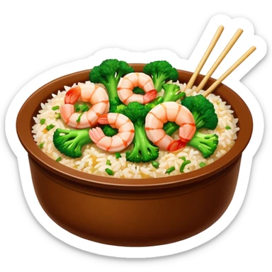 Chinese dish shrimp with broccoli and rice in Chinese container  sticker