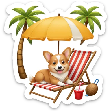 a corgi dog laied on a beach chair, a sunny beach, a sun umbrella, and beach coconut trees. the icon should capture the essence of a relaxing beach vacation with a carefree atmosphere sticker