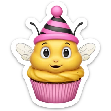 a Bee with pink Birthday Hat, Embarrassed bee with cupcake sticker