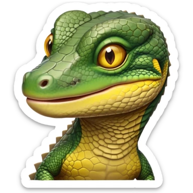 cinematic-realistic-cute-monitor-lizard-portrait-emoji,-head-tilted-playfully-and-inquisitively,-featuring-a-compact,-agile-body-with-finely-detailed,-glossy-scales-in-earthy-olive-hues-and-a-distinct,-alert-face-with-bright,-curious-eyes, yellow and dark green sticker