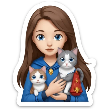 gorgeous Girl with light skin, blue eyes, long brown hair, wears a ravenclaw outfit, with a grey and white cat holding in her arms sticker