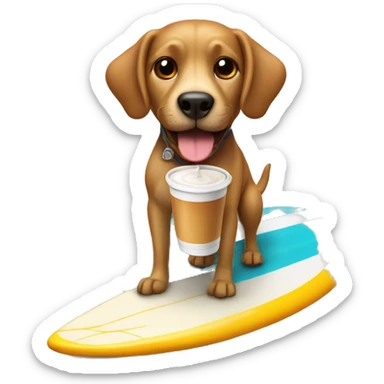 dog riding a surfboard drinking ice coffe sticker
